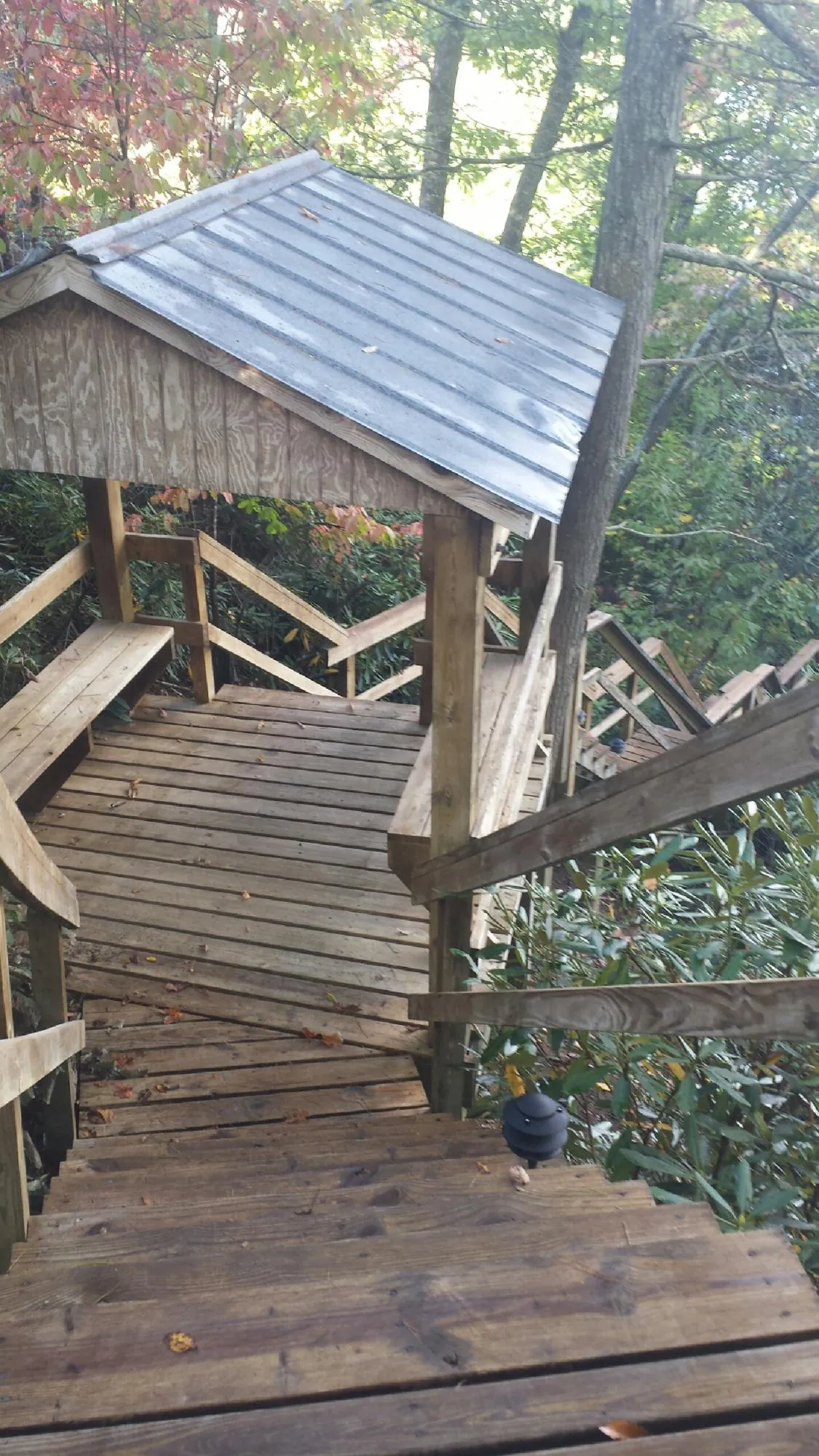 Metal roofed shelter over wooden steps on a wooded walkway — Skylight Repair & Installation work by our crew in Alvada